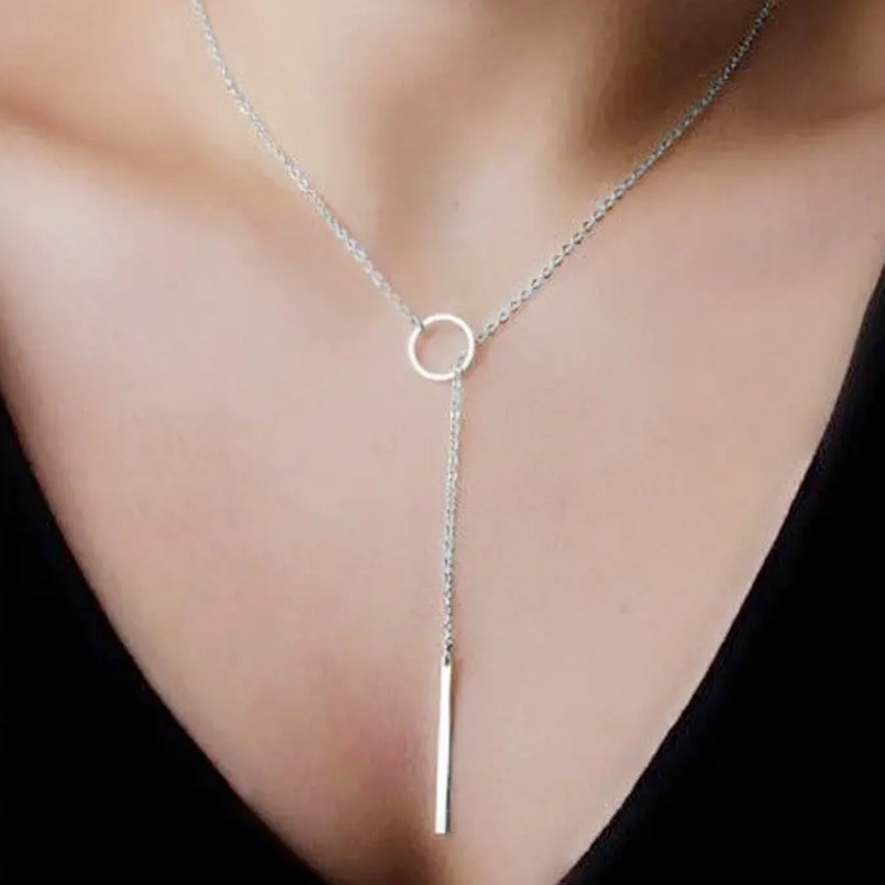 Silver Circle Bar Lariat Necklace